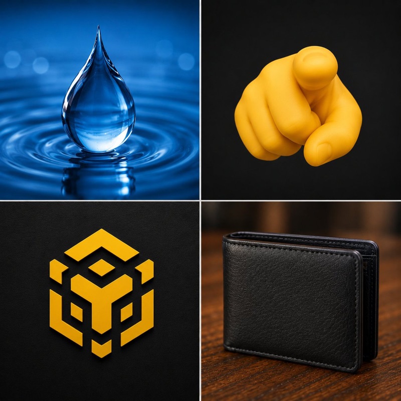 The riddle: a water drop, a hand pointing at you, the BNB mark, a black wallet